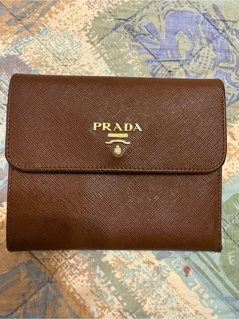 Prada Brown Saffiano Leather Compact Wallet with Gold Logo
